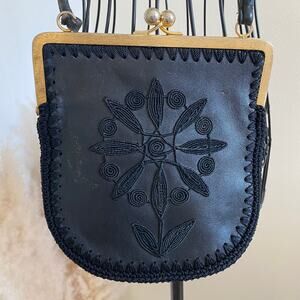 Vintage Black Leather Boho Embroidered Mini Purse